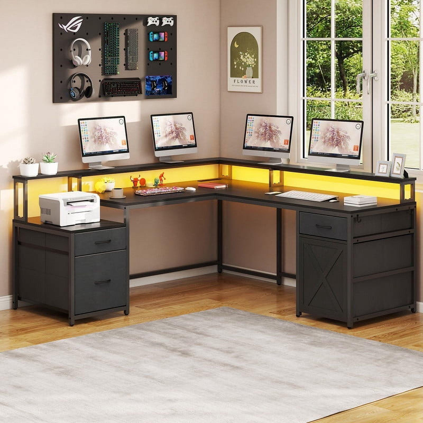 Uforic L Shape Desk with 3 Drawers& Monitor Stand, Reversible Computer Desk with LED Light& Power Outlet, Corner Gaming Desk Home Office Desk, Black