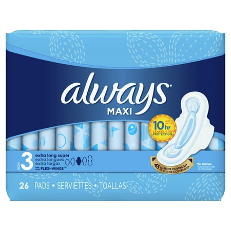 Always Maxi, Size 3, Extra Long Super Pads With Wings, Unscented, 26 ...