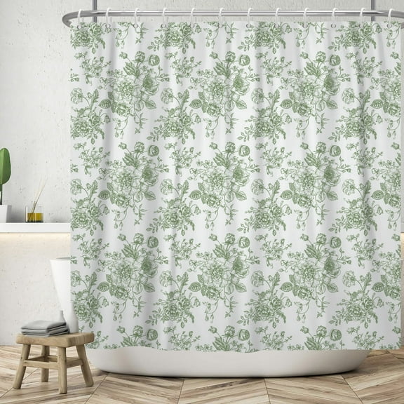 Rustic Floral Fabric Shower Curtain,Vintage Green Flowers Waterproof Fabric Bath Curtain with Hooks,72"x72"