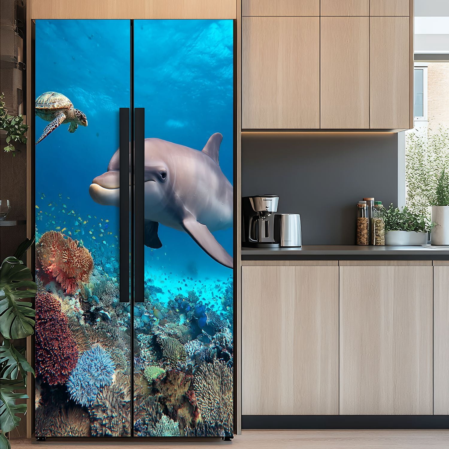 Self Adhesive Vinyl Refrigerator Wrap Set dolphin turtle underwater Door Mural Removable Fridge Sticker Peel and Stick&nbsp;Full Door Cover Decal Kitchen Bar Decor