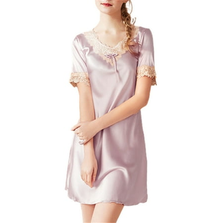 

Summer Nightgown for Womens Ice Silks Lace V-Neck Short Sleeve Nightdress Sleepdress Home Casual Polyester Nighties New