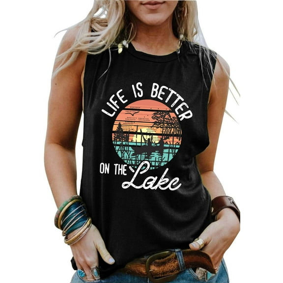 Women Tank Tops Life is Better on the Lake Shirts Sleeveless Graphic Tank Tops Tee