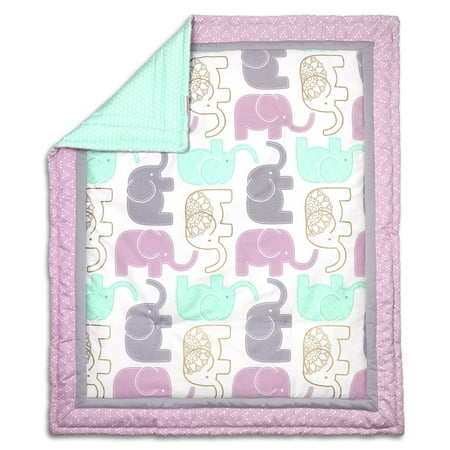 - The Peanut Shell Baby Girl Crib Quilt - Little Peanut Lilac Purple and Gold Elephants - 100% Cotton Sateen Fabrics; 44 by 37 Inches