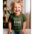 thumbnail image 3 of Bold 5th Birthday Explosion T-Shirts and Raglans for Girls and Boys Fifth Birthday Outfit White on Military Green Shirt Youth Small, 3 of 5