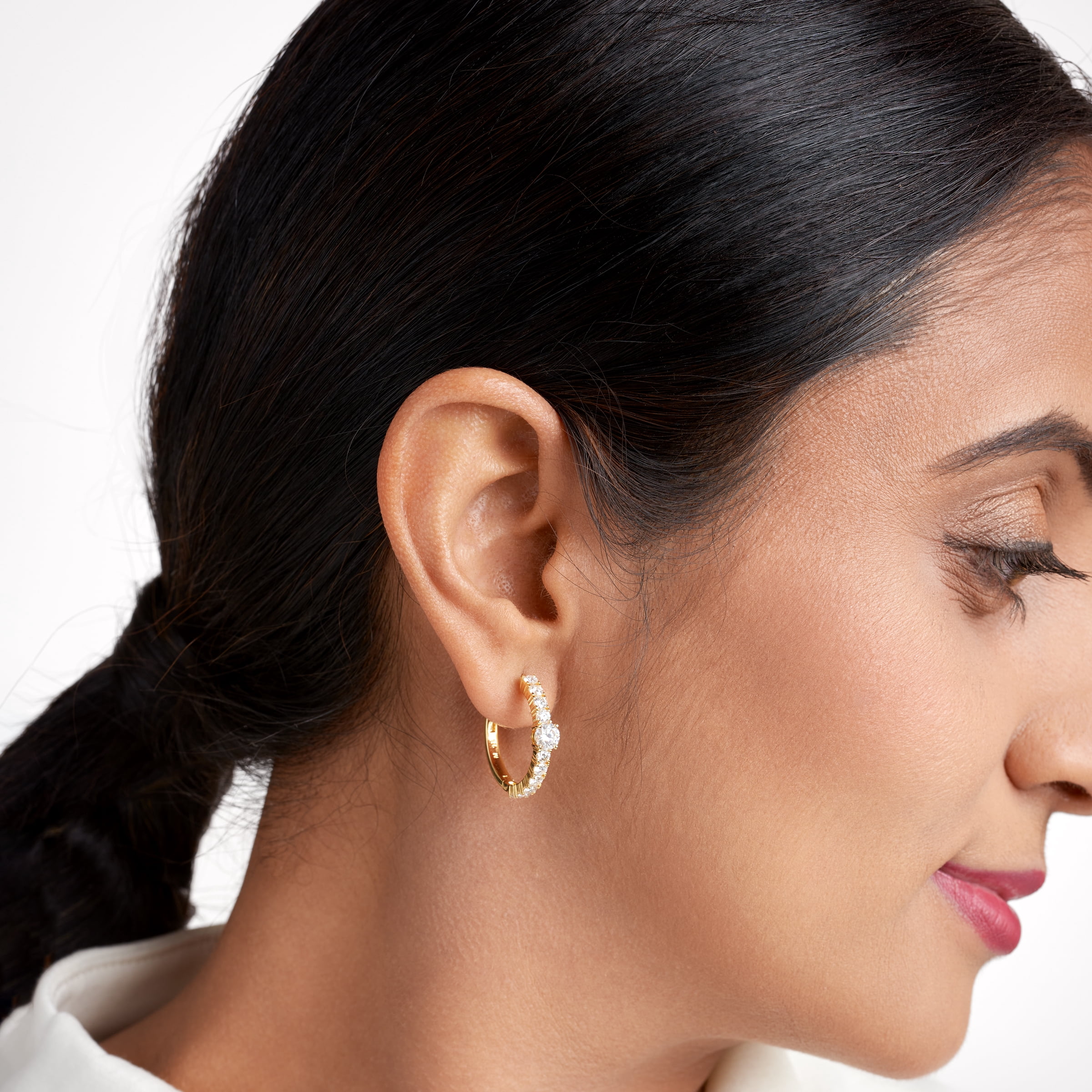 Forever Facets Moissanite Hoop Earrings in 18k Yellow Gold Plated Sterling Silver, Adult Female