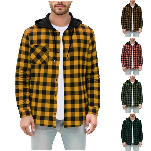 FRSASU Men's Hoodie Shirts Long Sleeve Casual Vintage Button Down Plaid Shirt Jacket with Pocket Yellow