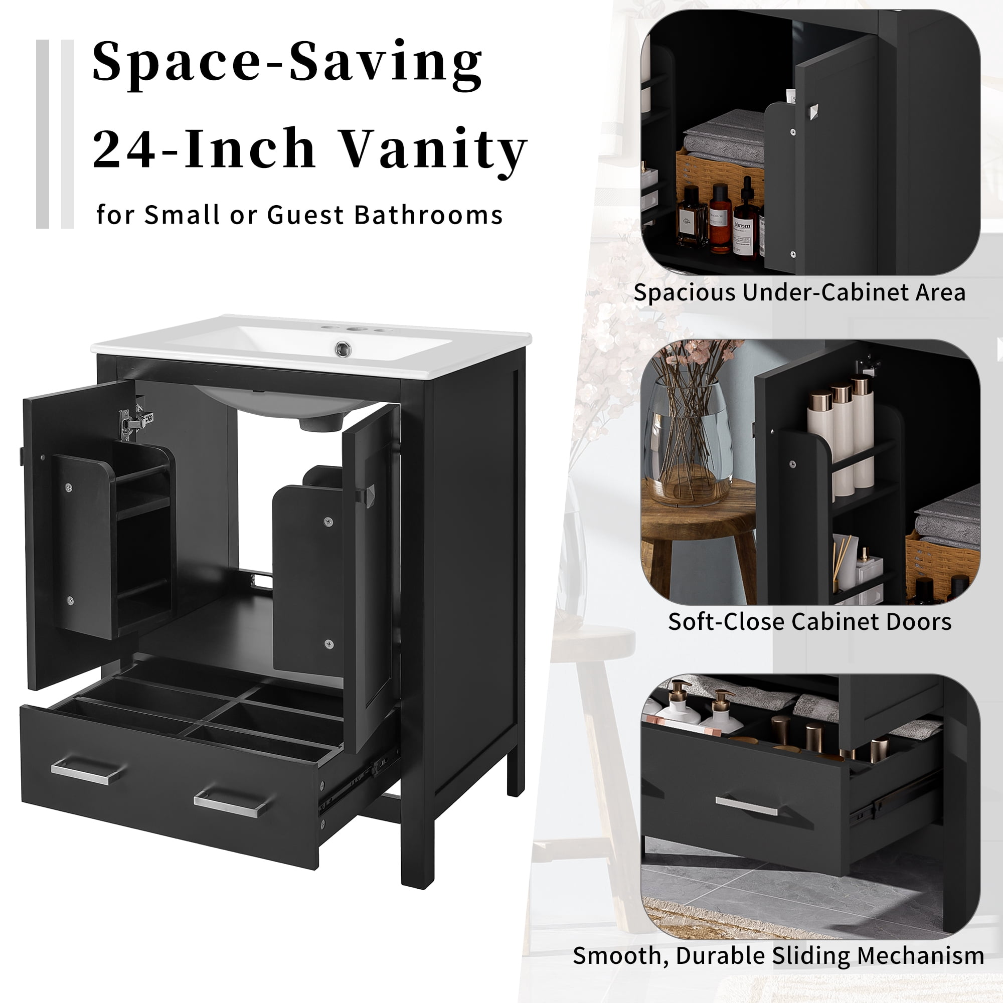 Euroco 24-inch bathroom vanity with integrated undermount basin and a storage cabinet featuring 2 doors and 1 drawer. Includes double-layer door shelf