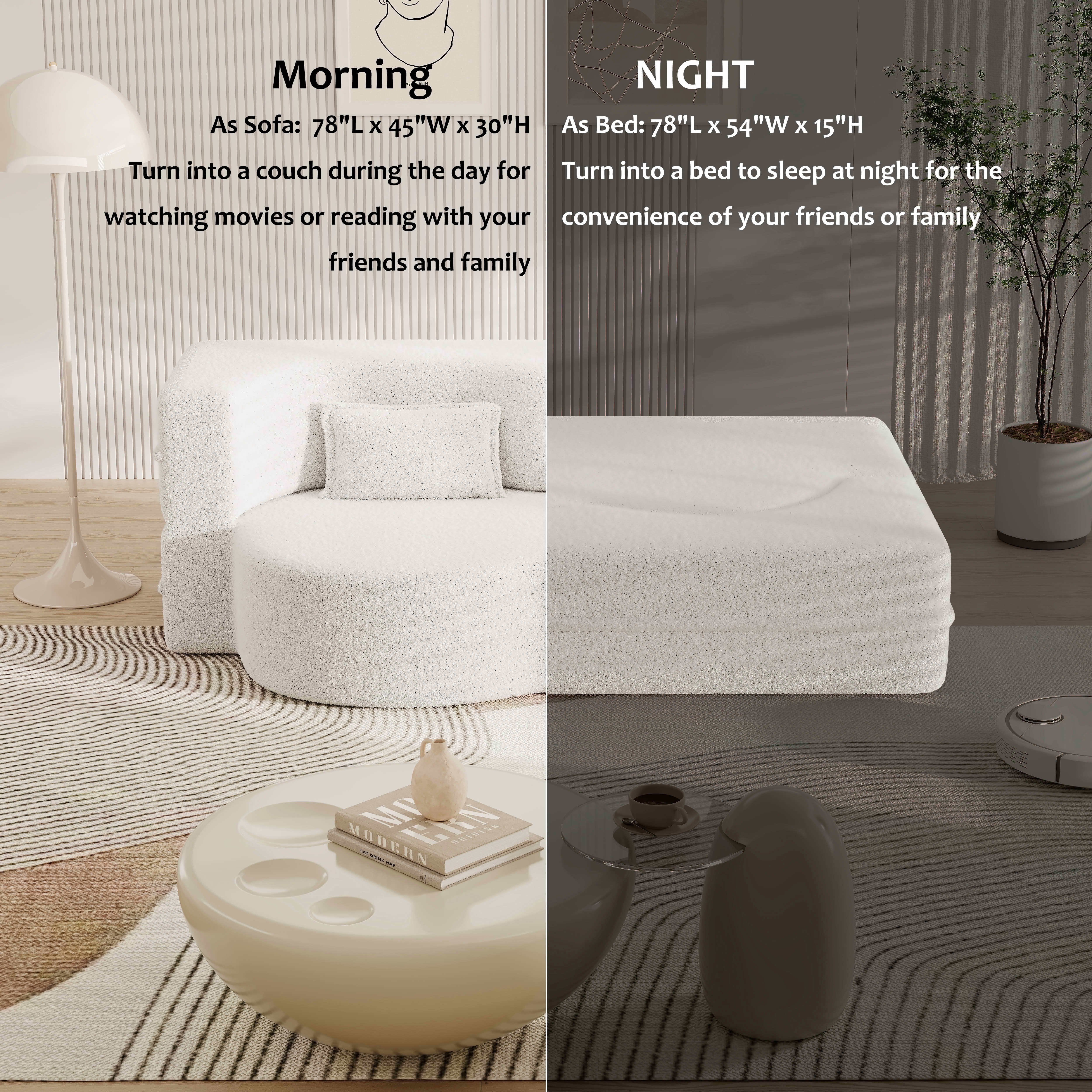 MAYEERTY Sherpa Floor Sofa Bed, Full Size Foldable Foam Sleeper Mattress with 2 Pillows, Zero Assembly Space Saving Guest Bed