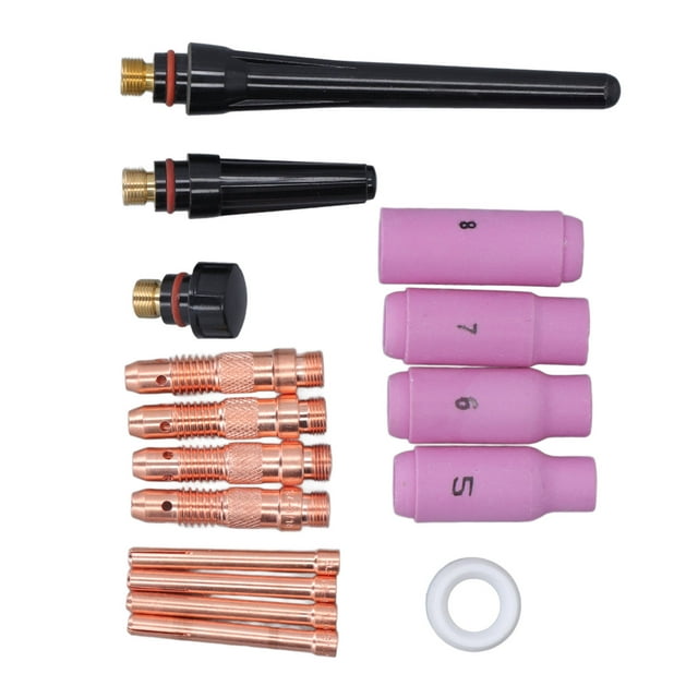boquilla de cerámica ticfox accesorios de soplete de soldadura para pistola wp 17 18 26 Kit de 16 piezas en vista cenital: cuatro boquillas cerámicas rosadas numeradas 5–8, cuatro portaelectrodos de cobre torneado, cuatro clips/varillas de contacto de cobre, cuatro cuerpos de pinza y tres tapas de presión negras con rosca de latón, más una cubierta frontal blanca de PTFE. También usado como set de repuesto para mantenimiento rápido en talleres.