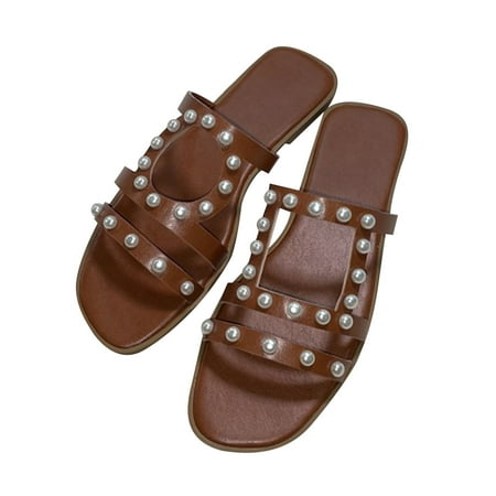

YanHoo Summer Fashion Flat Sandals for Women Retro Open Toe Pearl Decoration Slippers Dressy Casual Comfy Slip-on Shoes