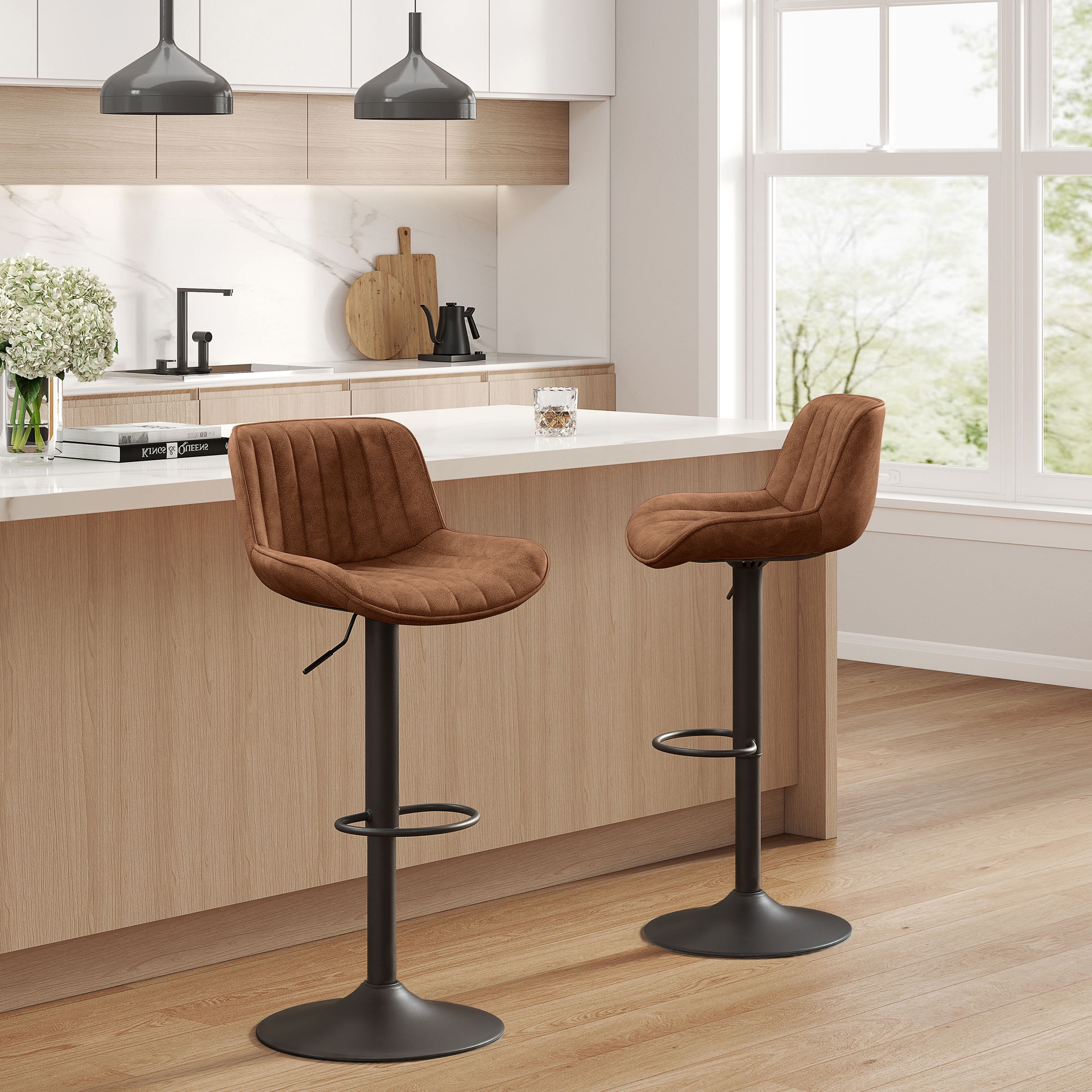 Art Leon Rustic Bar Stools Set of 2, Faux Leather with Backrest Chrome Legs, Upholstered Swivel Kitchen Stools, Yellow Brown