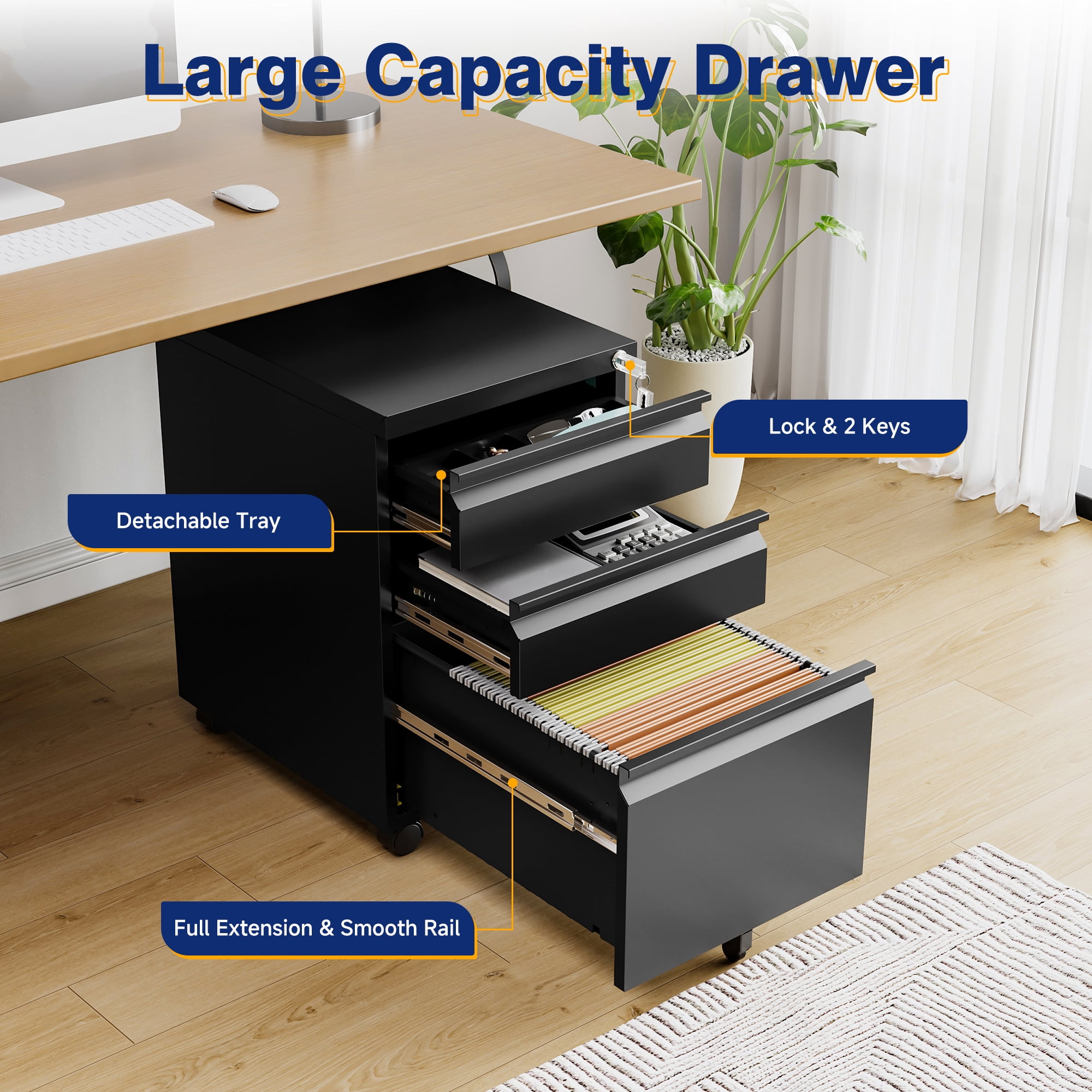 AUHUP 3 Drawer Mobile File Cabinet with Lock, Metal Filing Cabinet with Wheels for Legal/Letter/A4 File, Under Desk File Cabinets for Home Office,Black,Fully Assembled