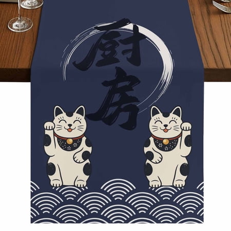 Cute Cat 72 Inch Table Runner, Navy Blue Japanese Style Animals Wave Pattern Farmhouse Dresser Scarf Cotton & Linen Tablerunner for Dining/Kitchen Island/Holiday Party Décor 13" x 72"