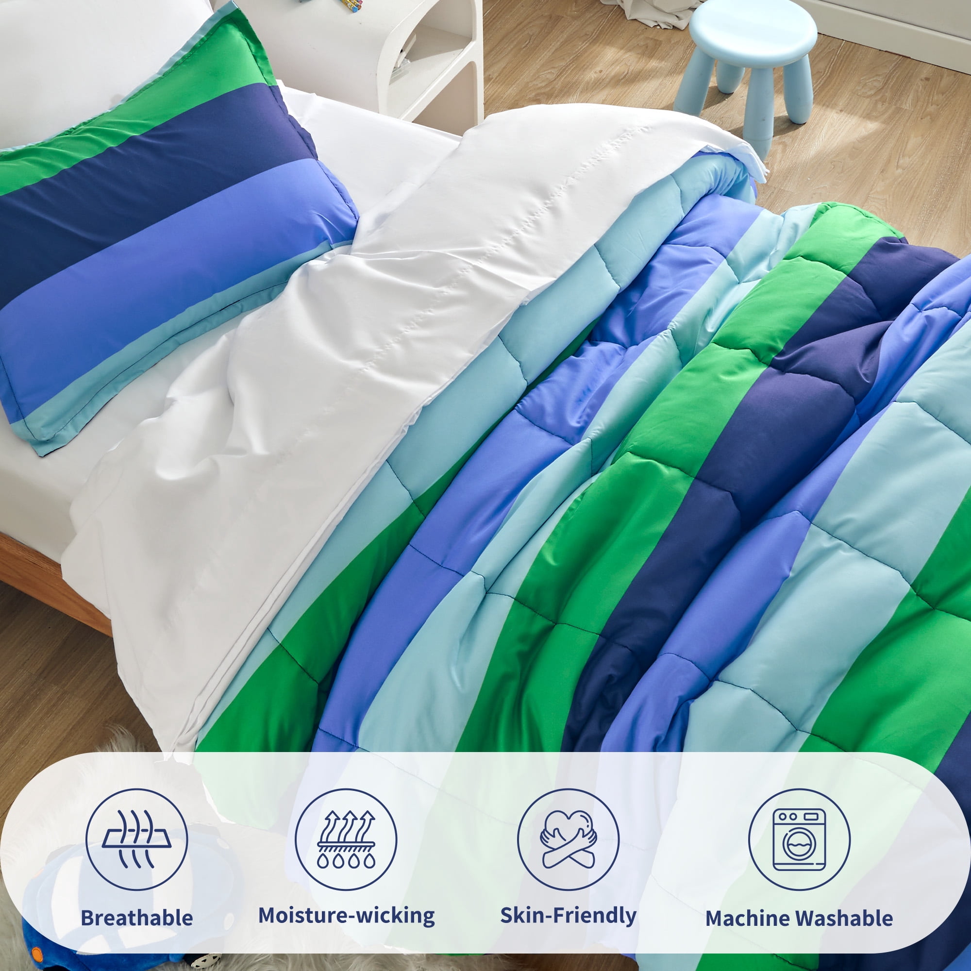 Sonive 7 Pieces Full/Queen Size Kids Comforter Sets , Hotel Collection for All Season, Advanced Digital Printing, Super Soft and Fluffy (Blue Green Rugby Stripe, Full/Queen)