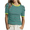 thumbnail image 1 of Chemises d'Été pour Femmes Ndbuld T-Shirt d'Été à Rayures pour Femmes à Manches Courtes Manches Bouffantes Blouse à Col Rond Décontractée Klim à Blocs de Couleur Tendance T-Shirts à Col Rond à Rayures Hauts Rabais, Jaune, TG, 1 of 6