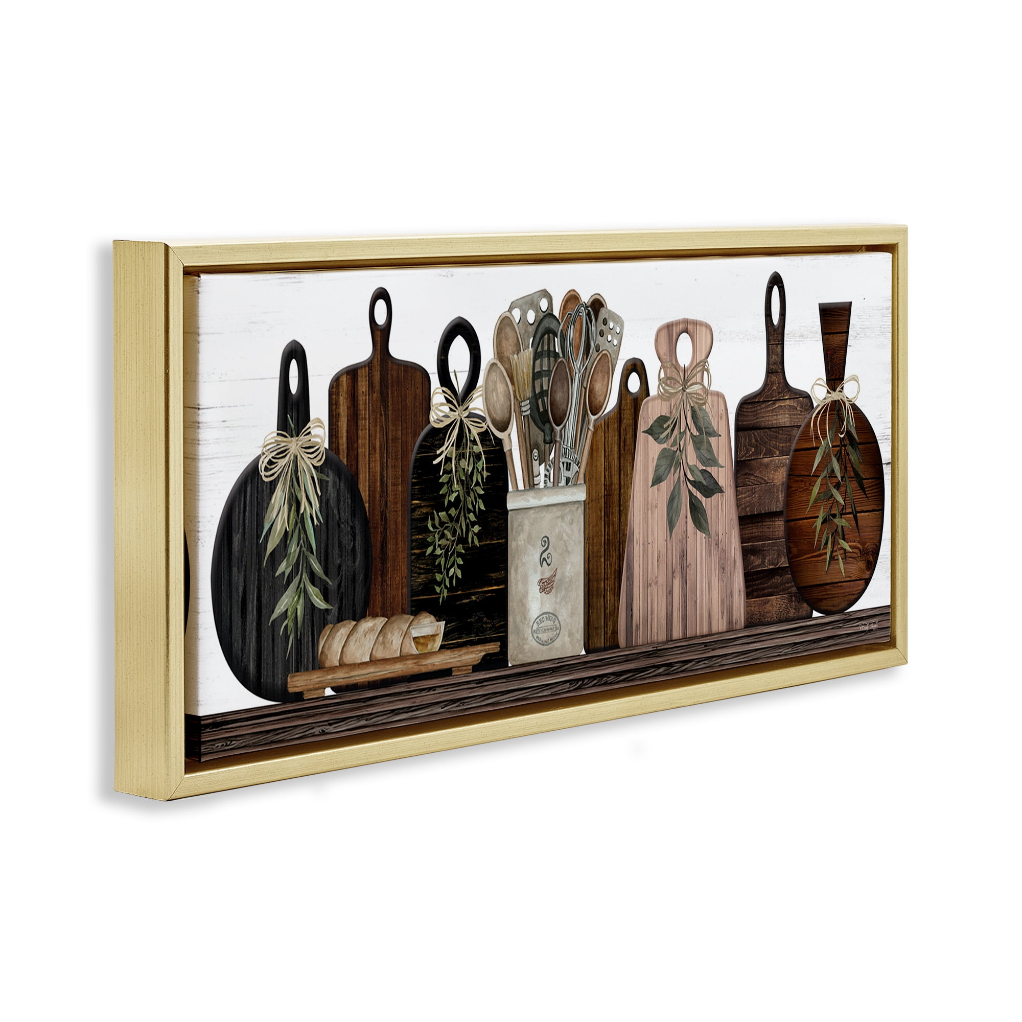 Stupell Industries Wooden Kitchen Items Food & Beverage Painting Gold Floater Framed Canvas Art Print Wall Art, 31 x 14