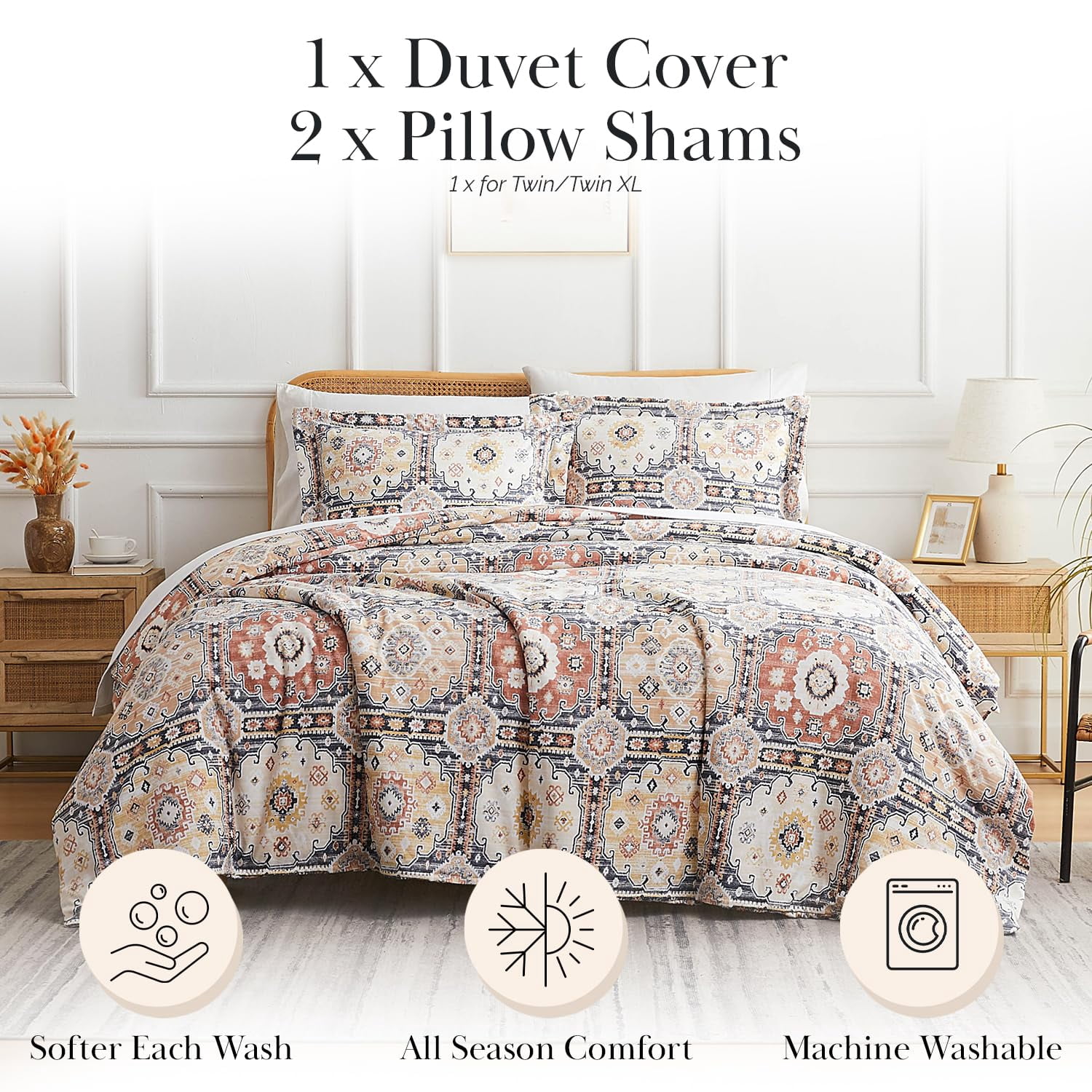 Southshore Fine Living Vilano Oversized Duvet Cover Set, Kilim Natural Duvet Cover, King/California King - Ultra-Soft Microfiber Bedding Set with Zipper Closure - 1 Duvet, 2 Shams