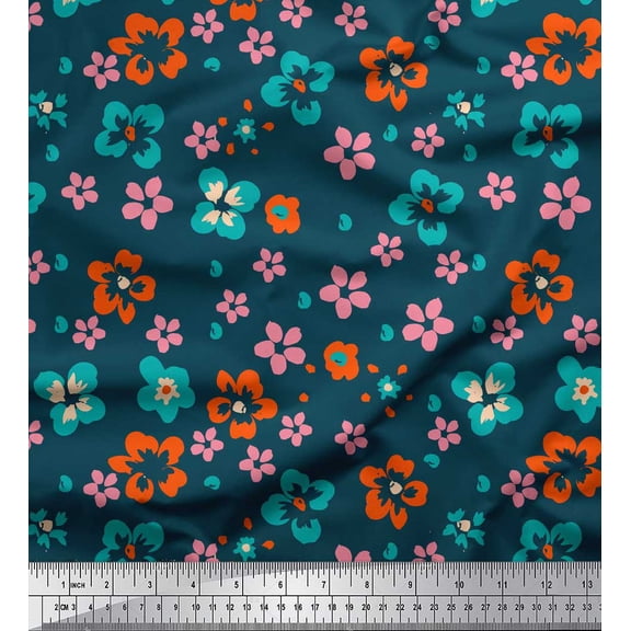 Soimoi Blue Silk Fabric Artistic Floral Printed Craft Fabric by the Yard 42 Inch Wide
