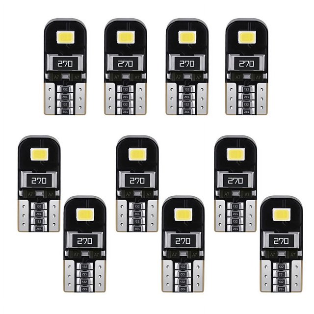 Bombillas LED T10 CANBUS 12 V blancas sin polaridad W5W con diseño de cuña para iluminación interior de coche, luces de matrícula y domo.