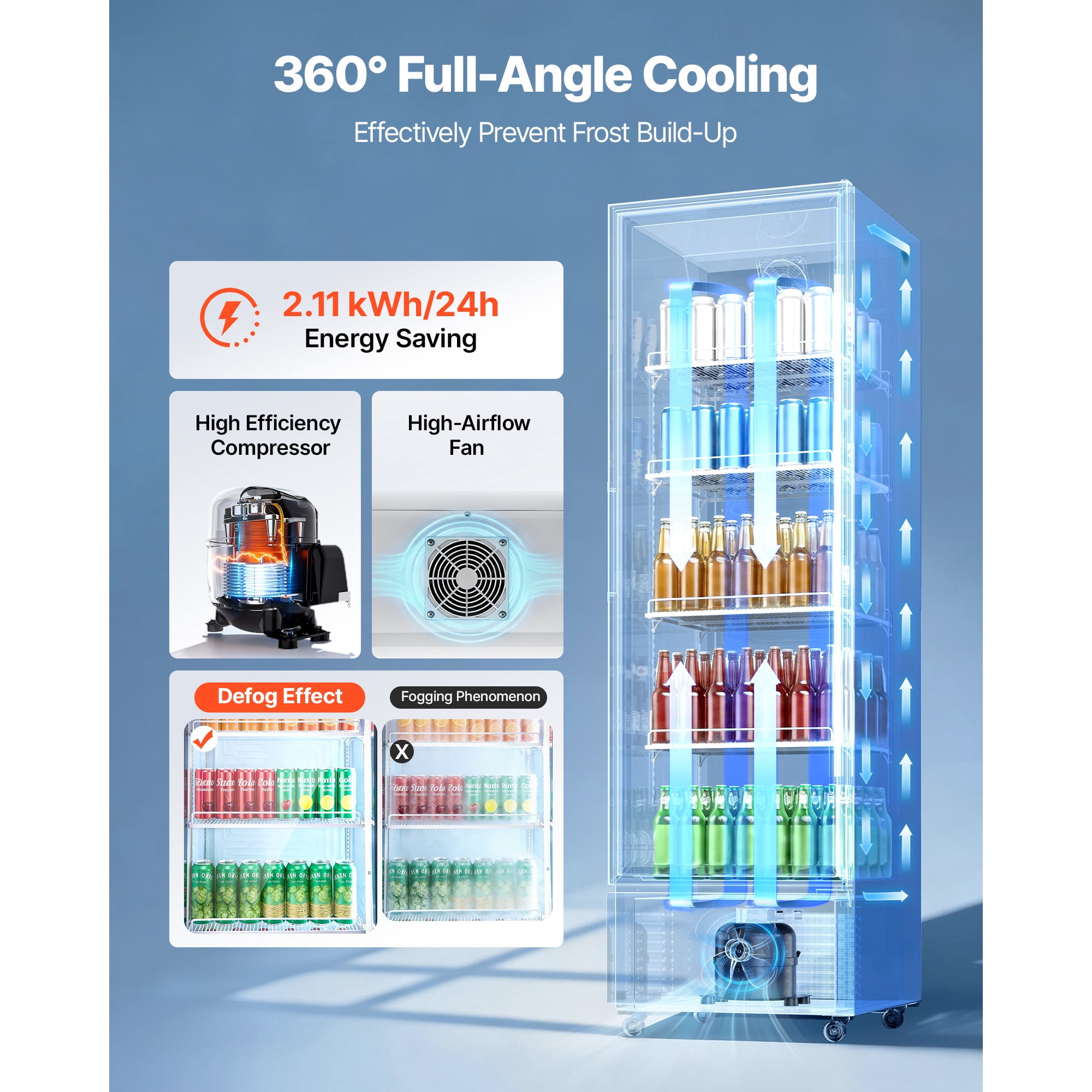 KFFKFF Commercial Glass Door Refrigerator, 12.7 Cu.Ft / 360 L Upright Beverage Cooler with Adjustable Shelves, LED Lighting, and Casters for Home, Shop, or Bar Use