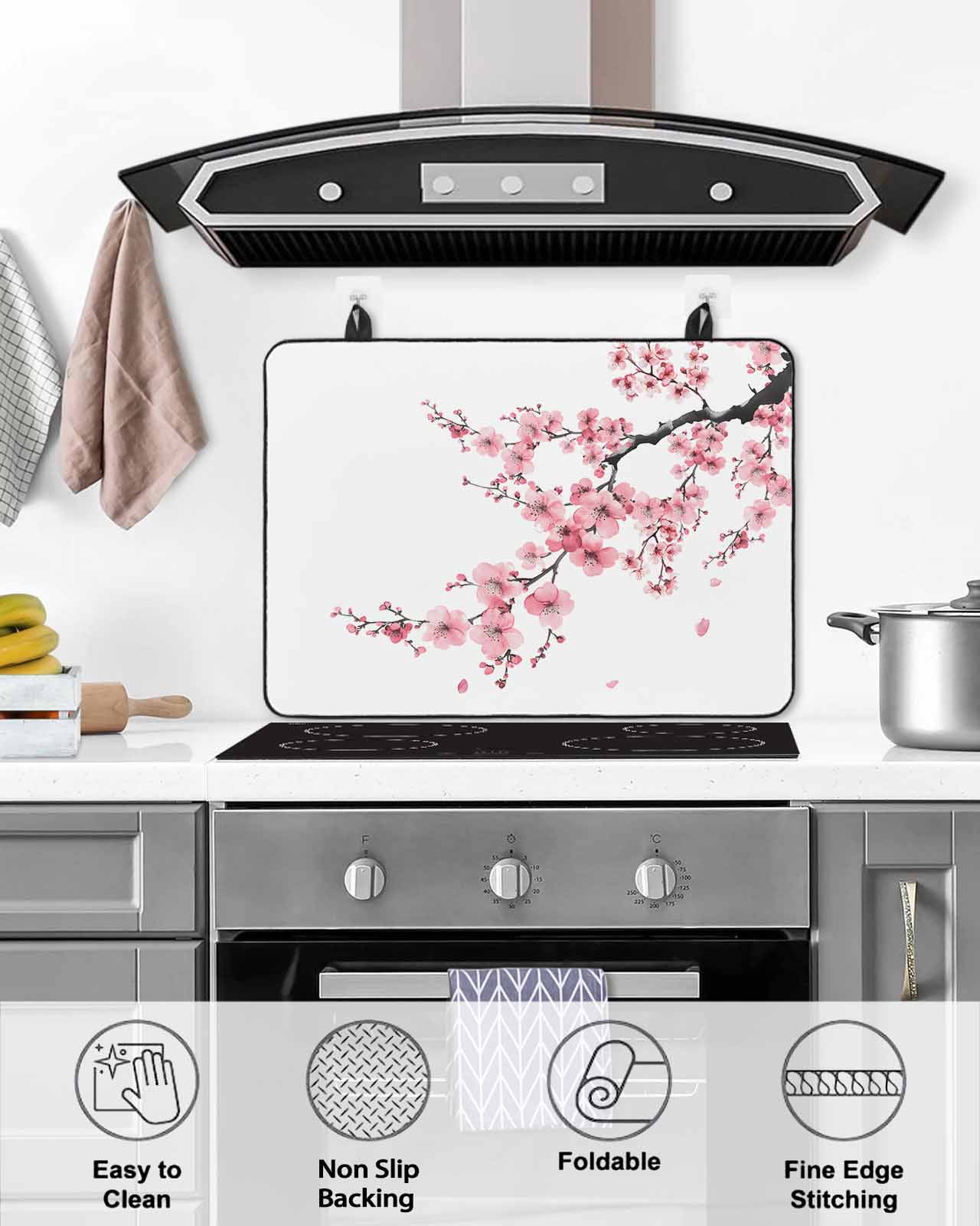 nqOlkjepod Large Induction Cooktop Protector Mat 36"x21", Pink Flower Stove Top Covers for Electric Stove, Spring Summer Botanical Floral Branches Stove Burner Cover Mats, Glass Top Stove Cover