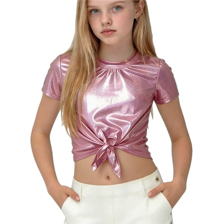IVEYRTF Girls Solid Color Short Sleeve T-Shirt Sequin Carnival Party Performance Top for Festive Wear Special Events Comfort Fit Round Neck Glitter T-Shirt(Hot Pink#1 3-4 Years)