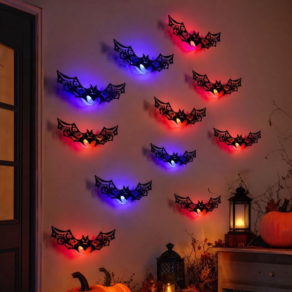 12 Pcs LED Lighted Bats Wall Decor, 3D Glowing Bat Wall Stickers, 4 Sizes Colorful LED Bats for Home Wall Door Window Fireplace, Indoor Outdoor Halloween Party Haunted House Decor
