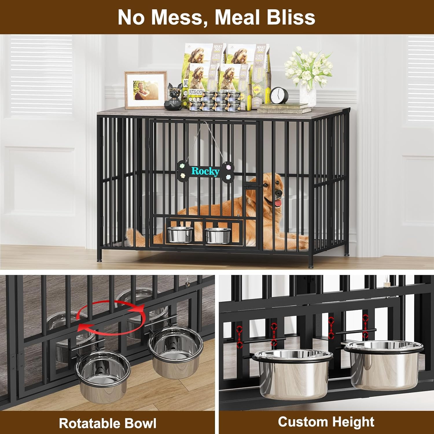 POAO 43"Dog Crate Furniture Foldable, No Assembly Dog Kennel Indoor for Large Dogs (60-80 lbs), Dog Cage with Adjustable Bowls &Name Tag,End Table