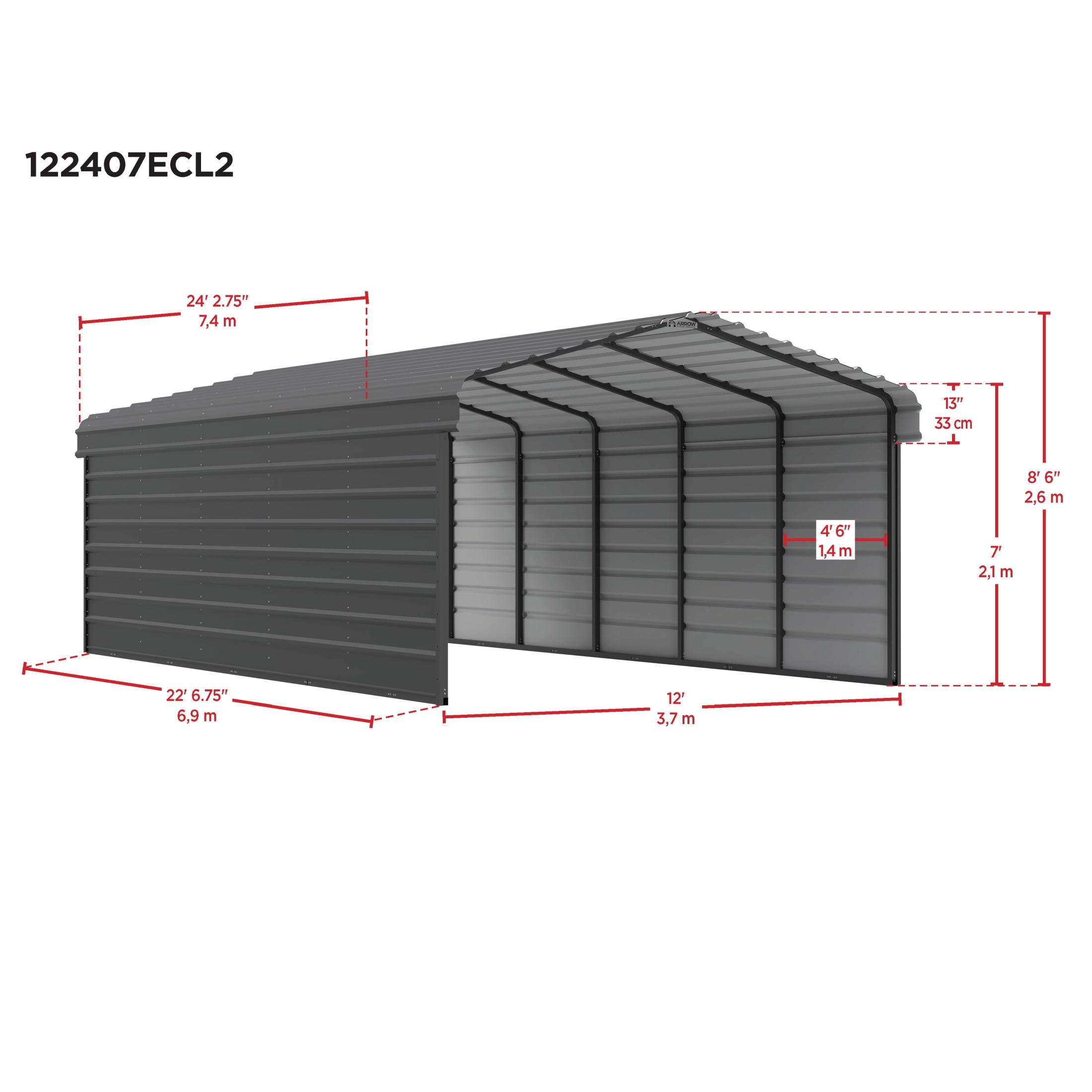 Arrow 24 x 12 x 7 ft Eggshell Steel Carport With 2 Side Wall Kit