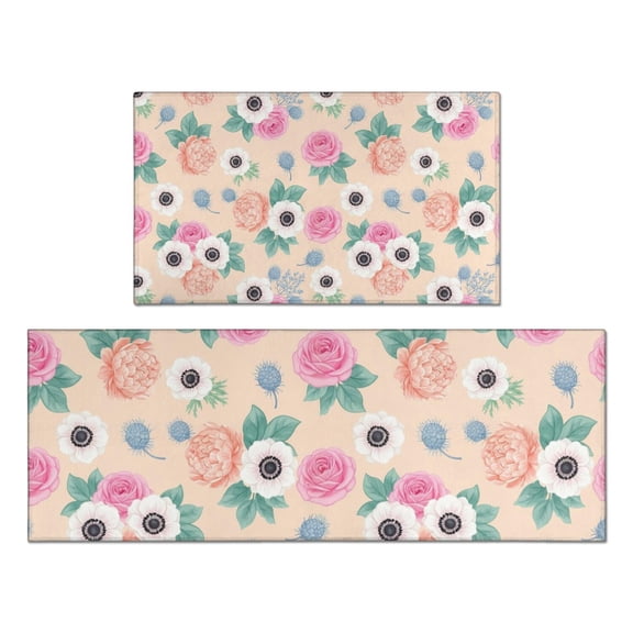 Pioneer Flower Floral Print Pattern Kitchen Rugs Sets Of 2, Anti Fatigue Non Slip Washable Floor Mats for Kitchen Sink Laundry, 17X30 Inch 17X47 Inch
