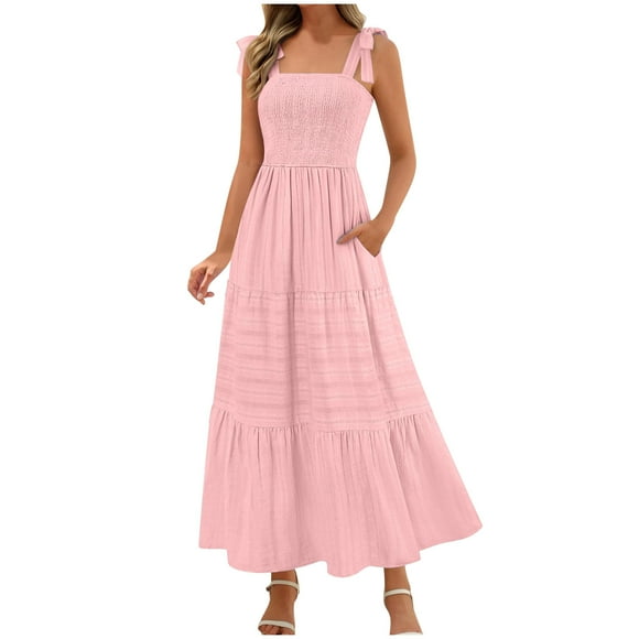 yoeyez Women's Summer Boho Dress Adjustable Shoulder Strap Square Neck Pleated Dresses Flowy Casual Smocked A Line Sundress with Pockets Pink,M