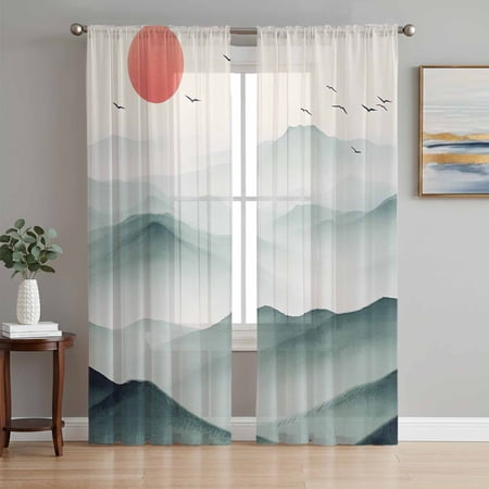 Teal Ombre Mountain Sheer Curtains 84 Inch Length 2 Panels Set Tree Peaks Landscape Voile Window Treatment Rod Pocket Curtains Sheers Drapes for Bedroom/Living Room/Kitchen 52 x84 x2