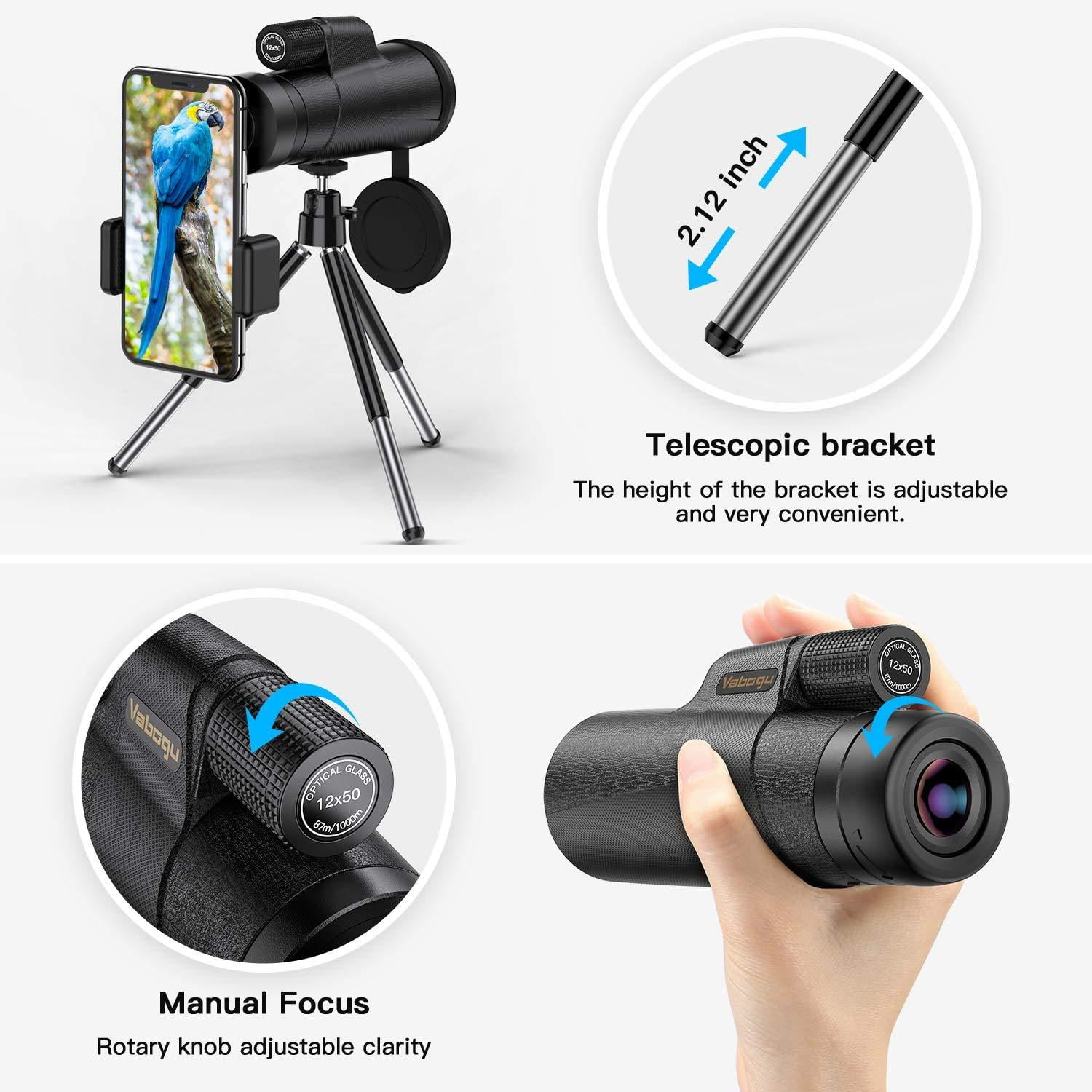 12x50 High Power HD Compact Monocular with Smartphone Holder & Phone Tripod for Adults Kids Night Vision IPX7 Waterproof FMC BAK4 Prism Scope for Bird Watching Monocular Telescope