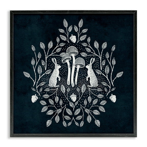 Stupell Industries Rabbits & Leaves on Blue Plants & Flowers Painting Black Framed Art Print Wall Art, 12 x 12