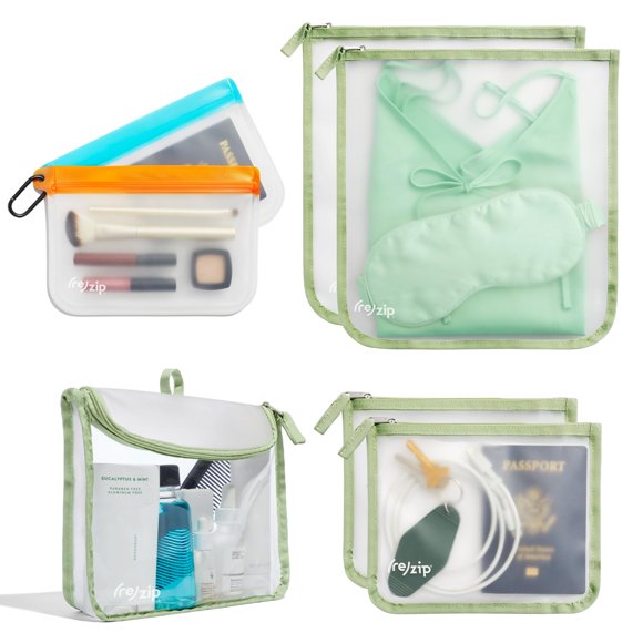 (re)zip Ultimate TSA Travel Kit | 7-Piece Set Including TSA-Compliant Travel Quart, Zippered Gallon and Medium Bags, and Carabiner Clip On Bags | For Snacks, Documents,