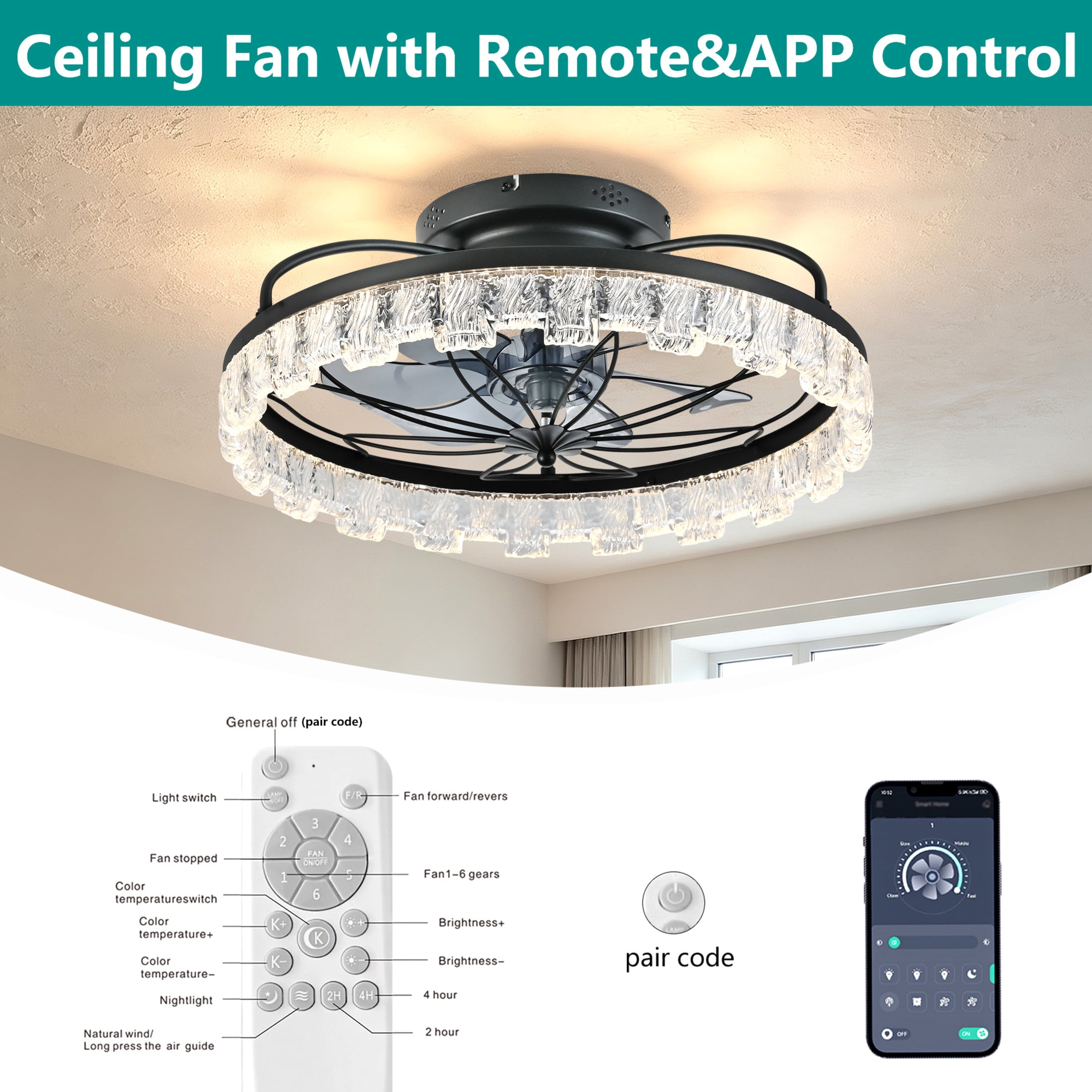 GDF Studio 21" Caged Ceiling Fan with LED Lights & Remote Control, for Kitchen, Bedroom, Living Room, Matte Black