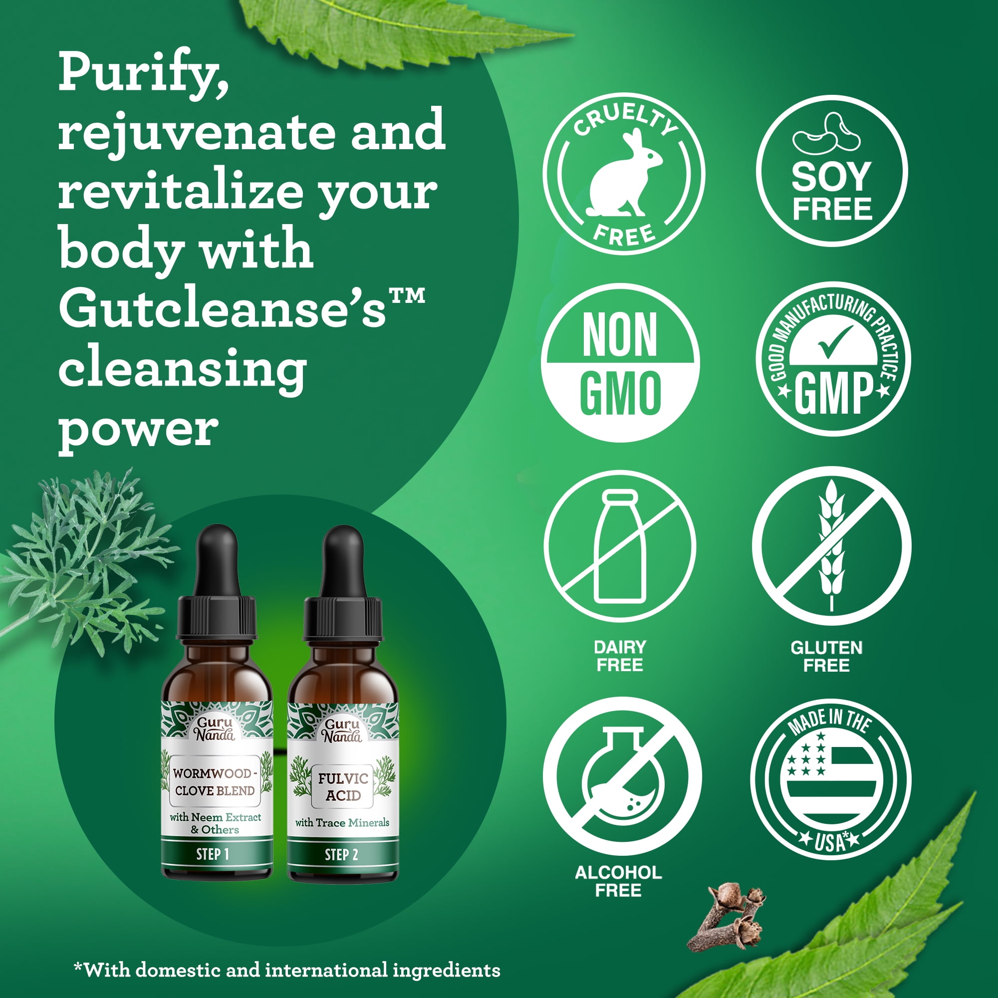 GuruNanda Gutcleanse 2-Step Kit - Dietary Supplement to Help with Digestion - Blend of Fulvic Acid, Wormwood, Clove & Neem Extract, 2x1 fl oz