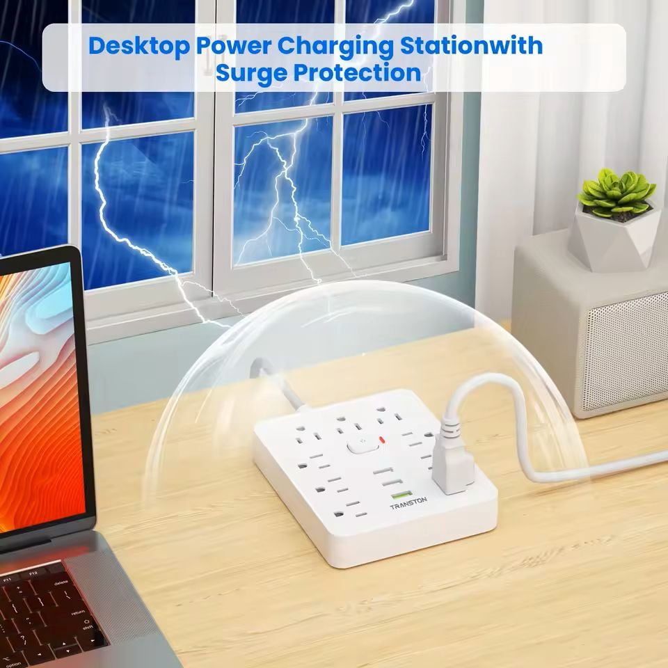 Power Outlet with Surge Protector, 9 sockets 3 USB Ports,5ft Extension Cord, Quick Charge, For Home and Office,White