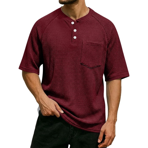 Havenx Men's Henley Short Sleeve Shirt Waffle Button T Shirts with Pocket Solid Color Tees Summer Casual Lightweight Basic Fashion Top,Wine 2XL