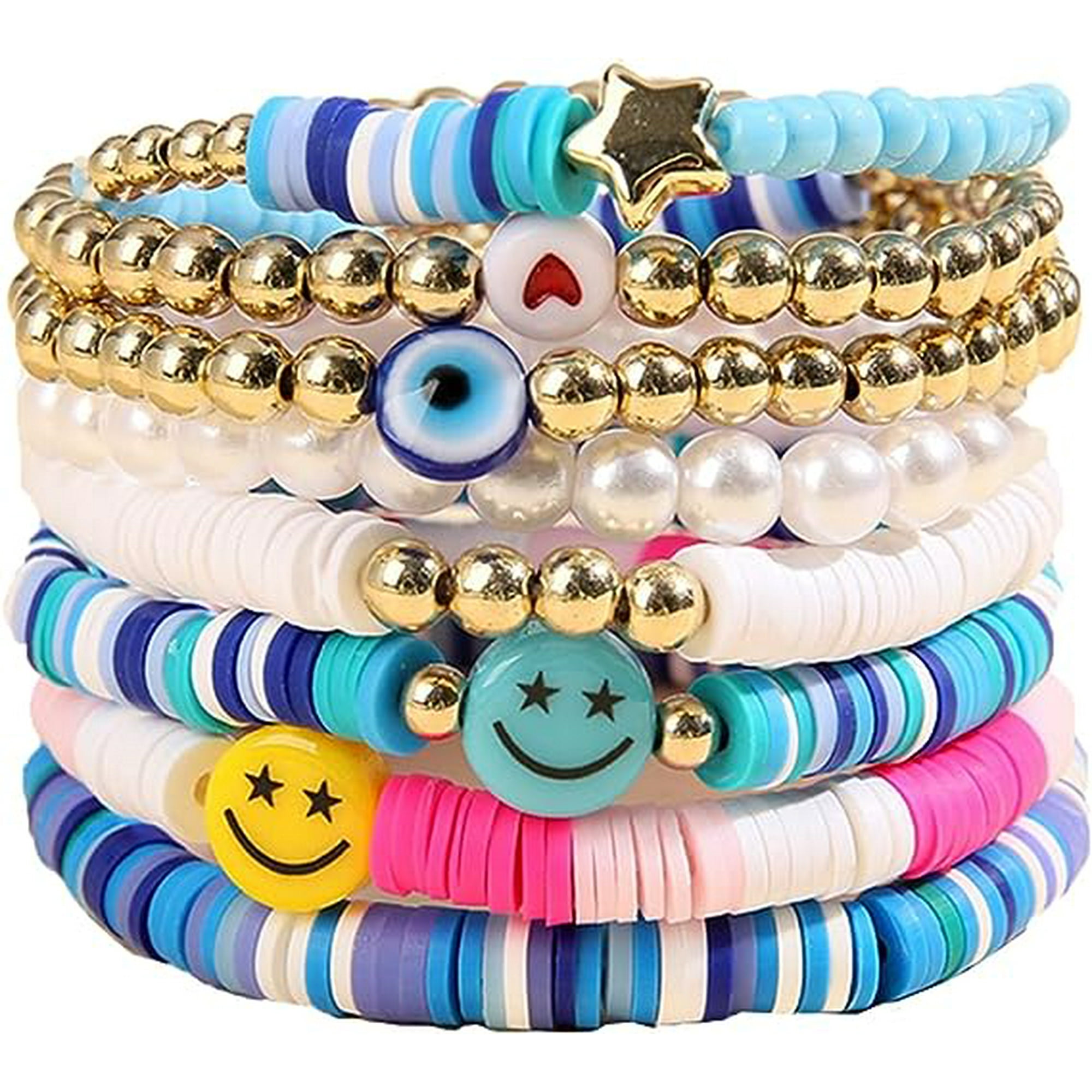 Surfer Bracelets Set Colorful White Gold Smile Heart Star Evil Eye Beaded Polymer Clay Pearl Stackable Charm Y2K Kidcore Aesthetic Summer Beach