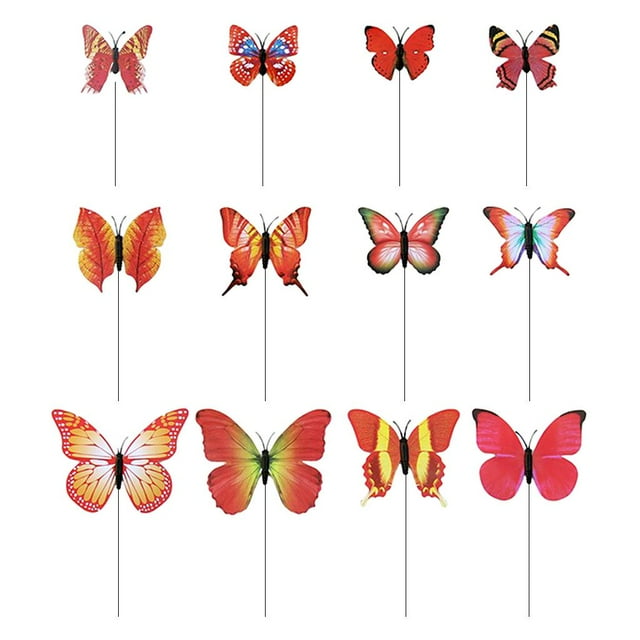 DOLITY 12 Outdoor Butterfly Stake Flower Pot Bed Garden Decorative Butterflies 4 Sizes Red