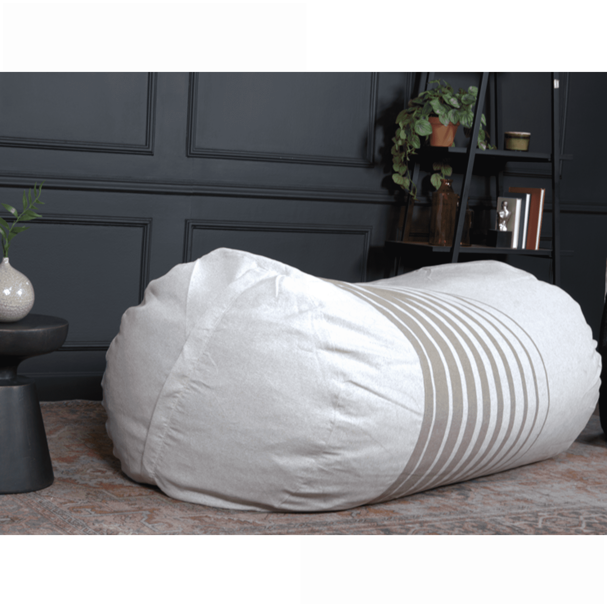 6.5ft Cylindrical Bean Bag Chair for Adults – Natural with Light Brown Stripes | Elongated | Fabric