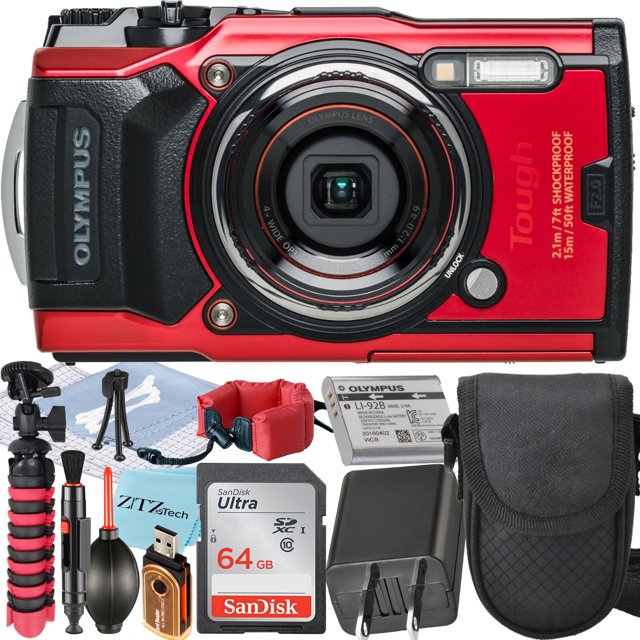 Olympus Tough TG6 Digital Camera (Red) + SanDisk 64GB Memory Card