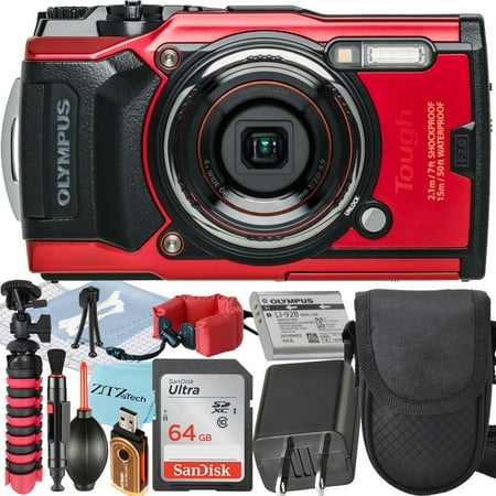 Olympus Tough TG-6 Digital Camera (Red) + SanDisk 64GB Memory Card + Case + Tripod + ZeeTech Accessory Bundle (Advanced Kit)