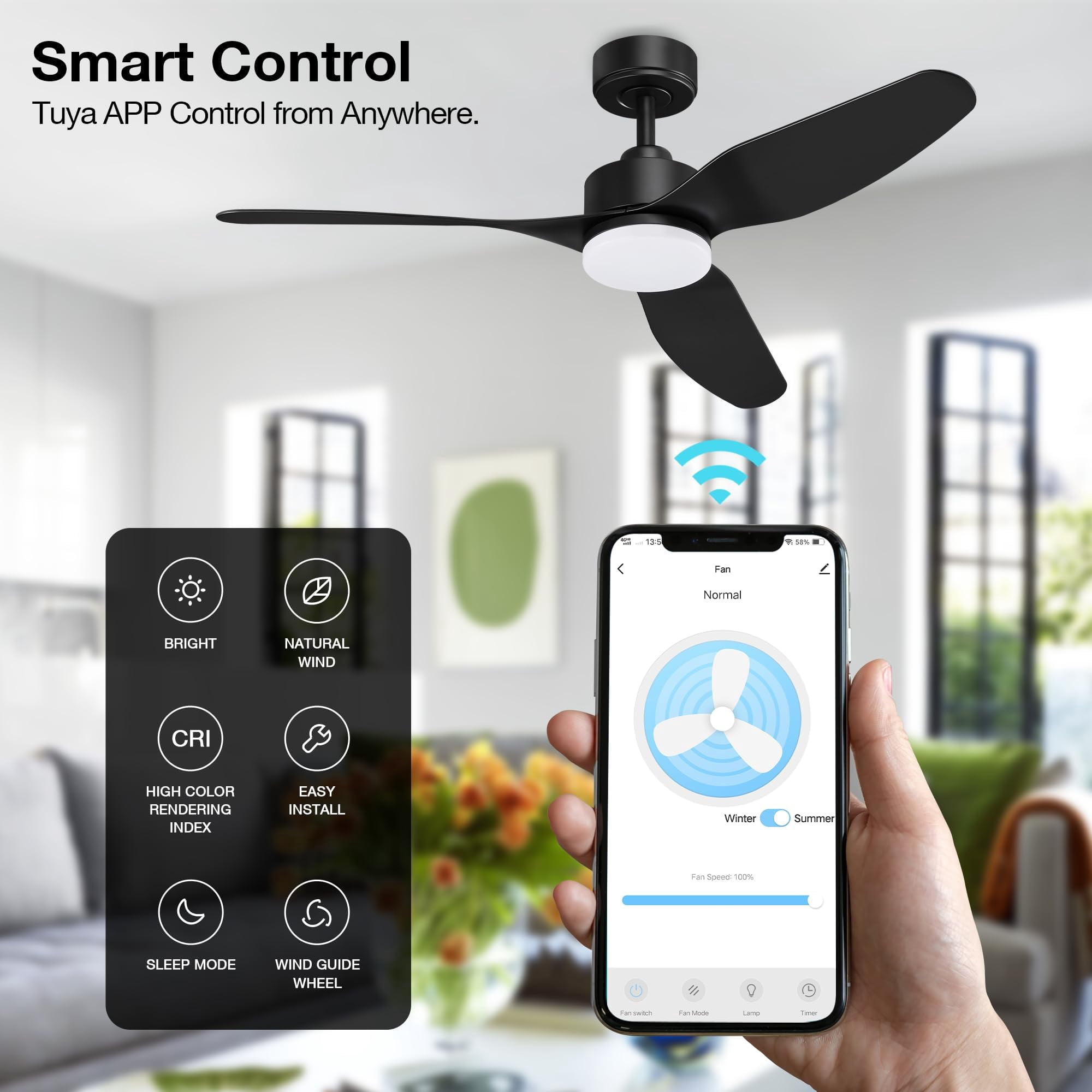 48" Smart Ceiling Fans with LED Lights Remote,Quiet DC Motor,Dimmable,Outdoor Indoor Modern Ceiling Fan Controlled by WIFI Alexa App,3 Black Blades for Bedroom Living Room Patio Porch
