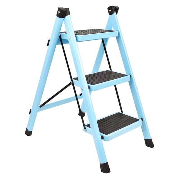 Lnrkai 3 Step Folding Step Ladder, Alloy Steel Heavy Duty 220 LBS Step Stool with Anti-Slip Pedals, Lightweight Space-Saving Ladder for Home(Blue)
