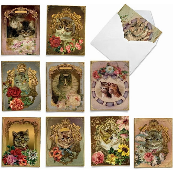 10 Vintage Cat Note Cards with Envelopes, ?Feline Frames? Blank Greeting Cards for All Occasions, Stationery Set for Weddings, Holidays, Birthdays (4? x 5 ?) - NobleWorks, M6638OCB