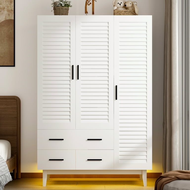 Blotout 70 Armoire Wardrobe Closet with LED Lights Hanging Rods LED White Louver Door Wardrobe Armoire with 3 Drawers Large 3 Doors Armoire