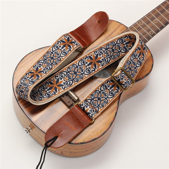 Nylon Ukulele Guitar Strap with Leather Ends Adjustable Length for Soprano Concert Tenor Baritone String Instruments