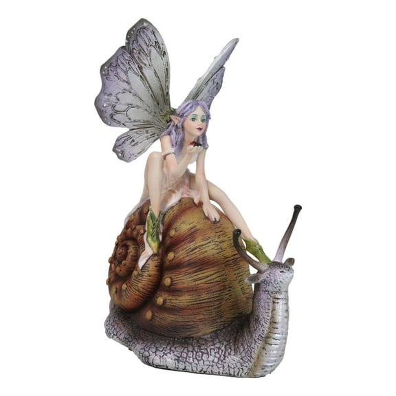 Fantasy Purple Elf Pixie Fairy Ladybug Sitting On Giant Snail Mollusk Figurine